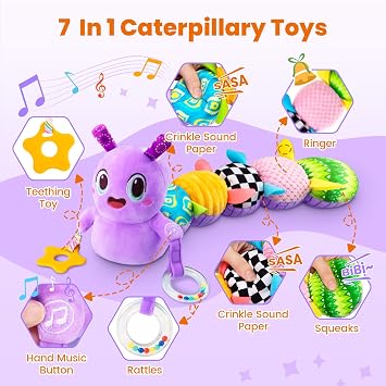 GoGonova Musical Caterpillar Baby Sensory Toy for Infant Development 0-12 Months Tummy Time Crawler & Teether Newborn Bath, Car Seat, Stroller & Bassinet Activity Toy & Gift(Purple)