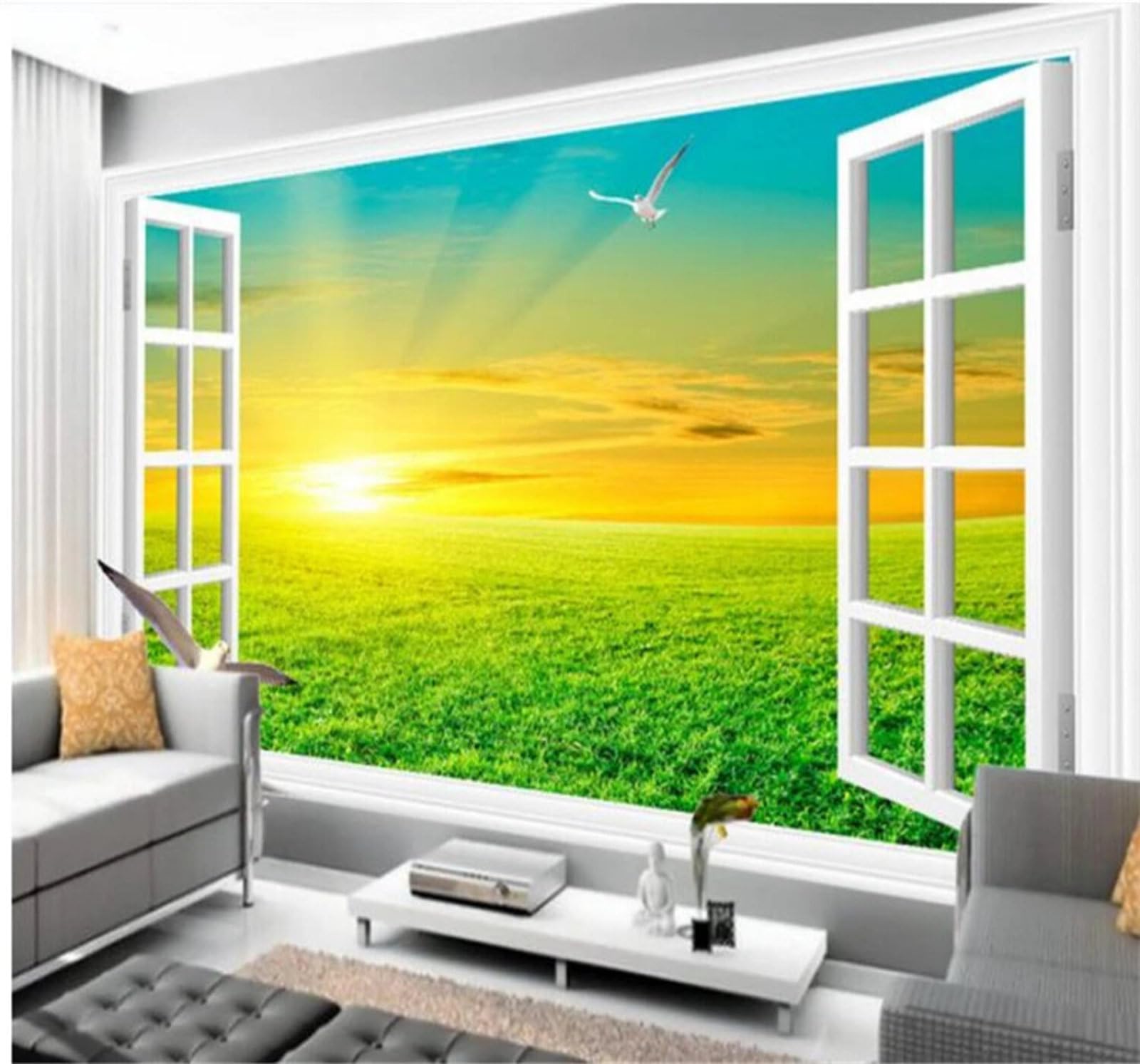 Xlming 350Cm×256Cm(B×H) Window Beautiful Sunrise Grassland Scenery 3D Wallpaper Luxury Home Dining Decor Paste Sofa Living Room The Wall For Bedroom Mural-350Cm×256Cm
