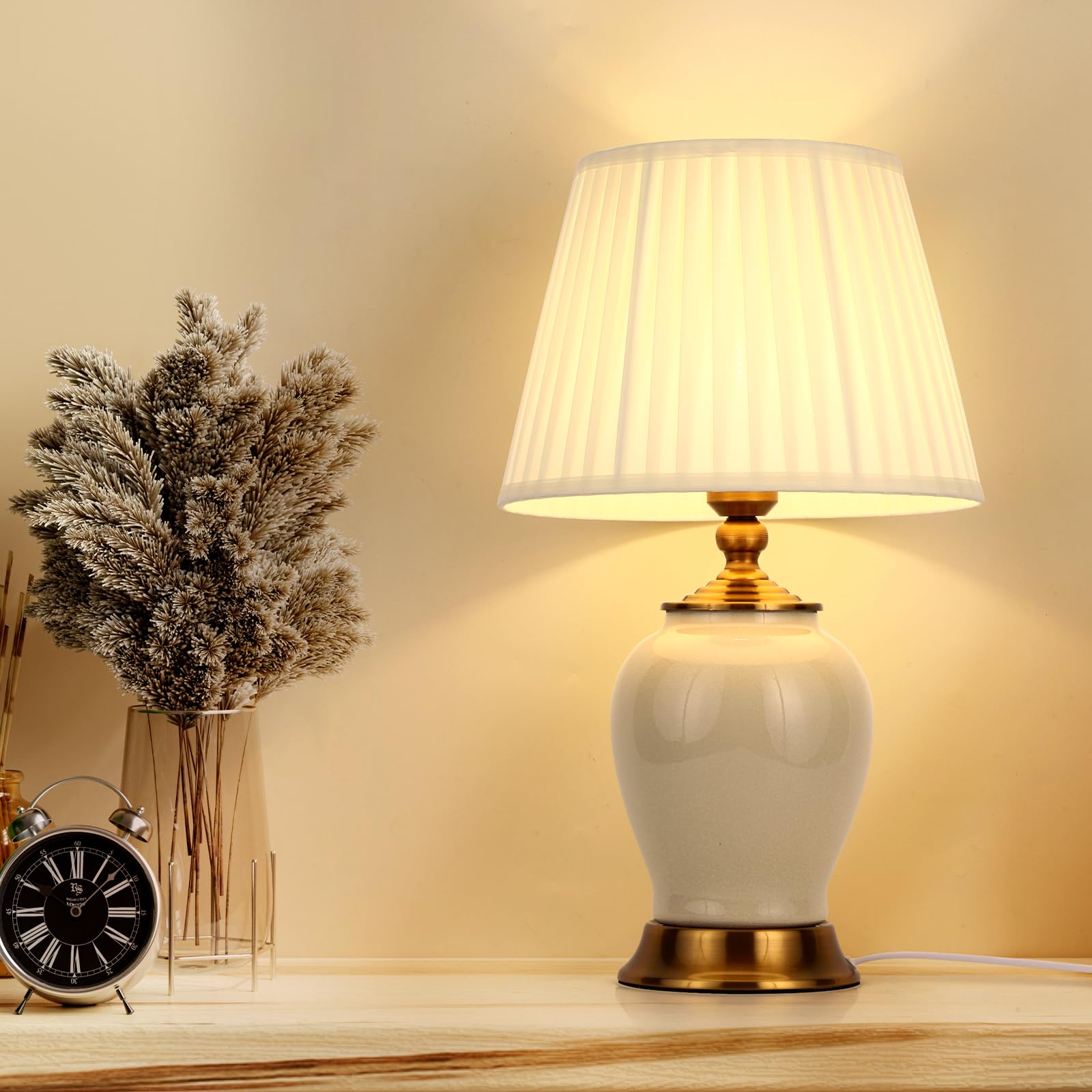 Lampada Da Tavolo E27 In Ceramica E Tessuto Bianco - 53cm, Comodino, Scrivania, Lettura, Cameretta