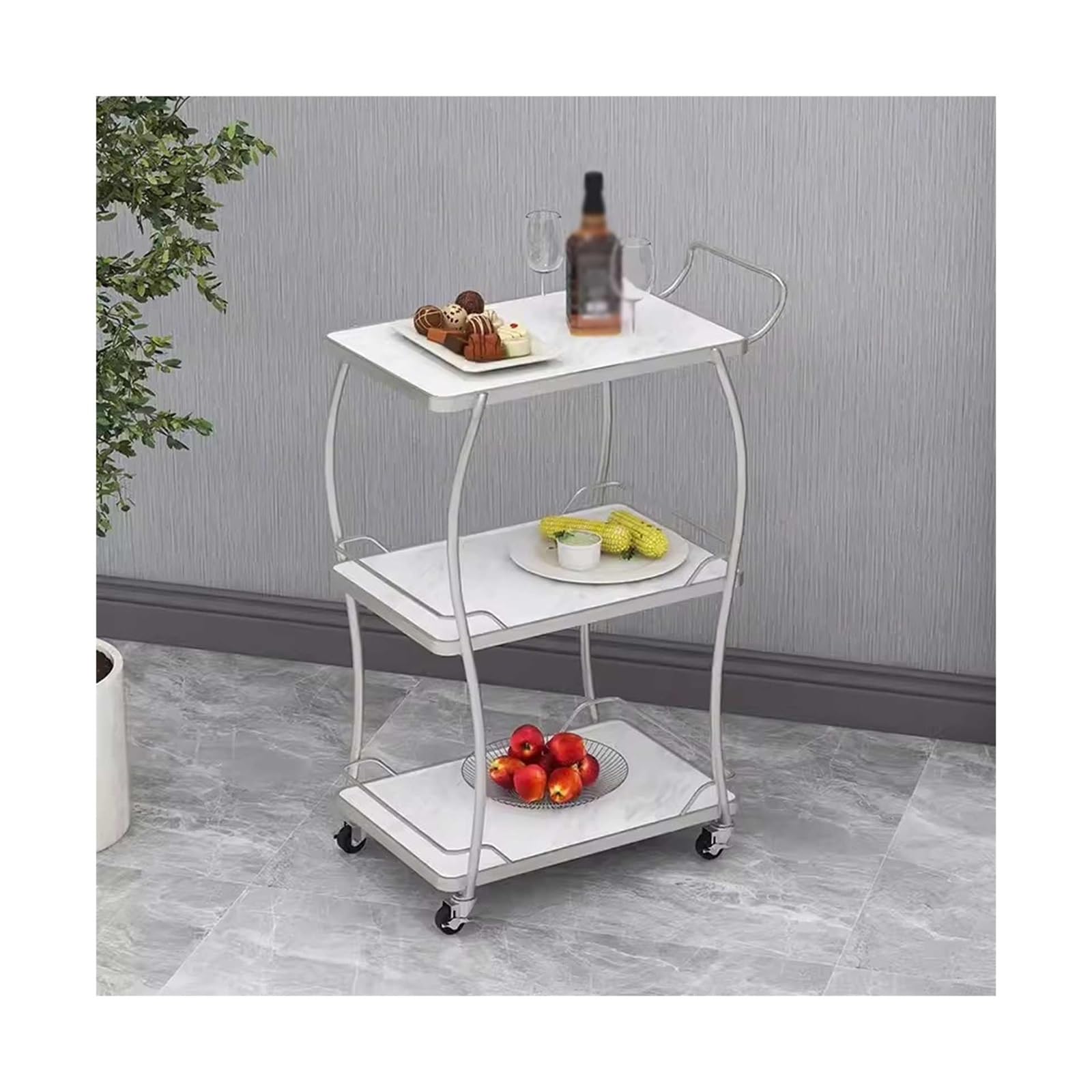Carrello multiuso da cucina Carrelli bar a 3 livelli for la casa, carrello bar con rotelle, carrello di servizio bar con ruote for soggiorno, cucina, sala da pranzo, argentato Carrello di servizio
