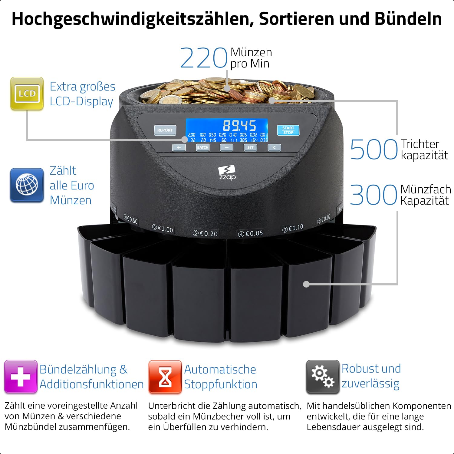 ZZap CS20+ Automatischer EURO Münzzähler & -sortierer - Geldzählmaschine Münzzählautomat Geldzähler