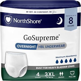 NorthShore GoSupreme 8-Hour Overnight Underwear, White, 3XL, 4 Count | Pull-Up Style Incontinence Underwear for Men, Women & Teens, Overnight Heavy Bladder Leaks (HBL), Fits Waists 74-90 inches