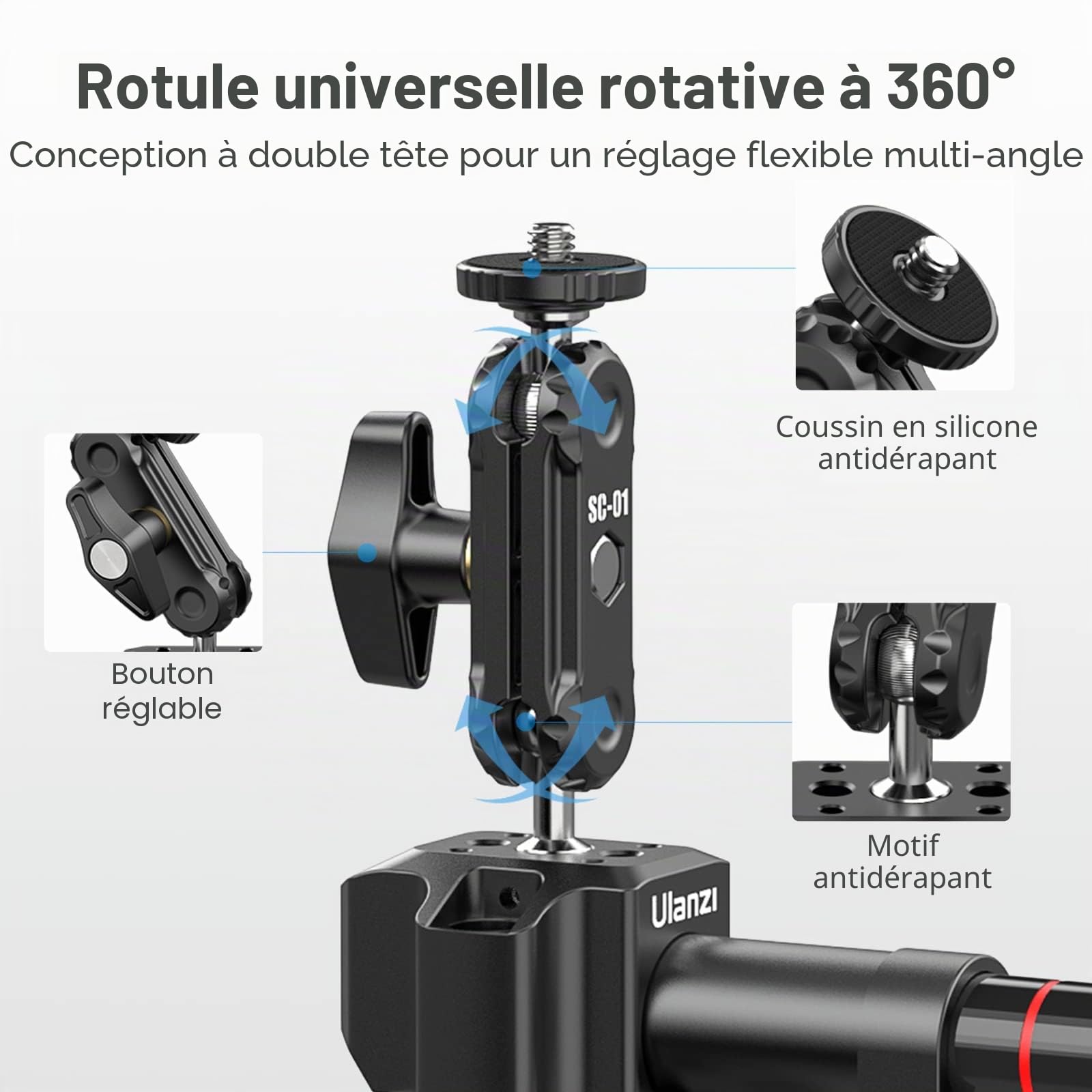 ULANZI SC-01 Support à ventouse pour appareil photo avec clip universel pour téléphone portable, ventouse pour caméra d'action 3" avec boule double tête à 360° et vis 1/4", support à ventouse pour