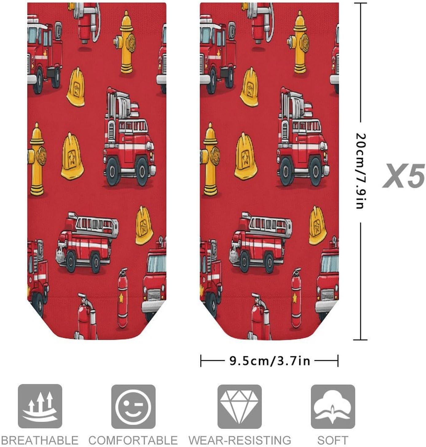 Fire Rescue Car Truck Socks for Men Women 5 Pairs Ankle Socks