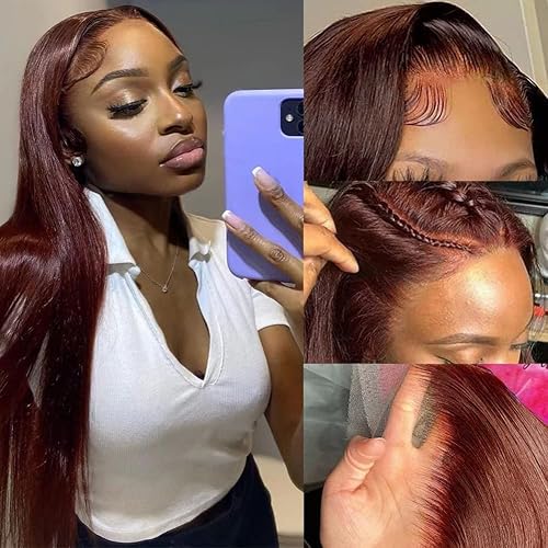 Miniatura 2 de Pelucas de cabello humano con encaje frontal de 13 x 4 pulgadas, predepiladas con cabello de bebé, lacio, marrón rojizo, peluca frontal de encaje