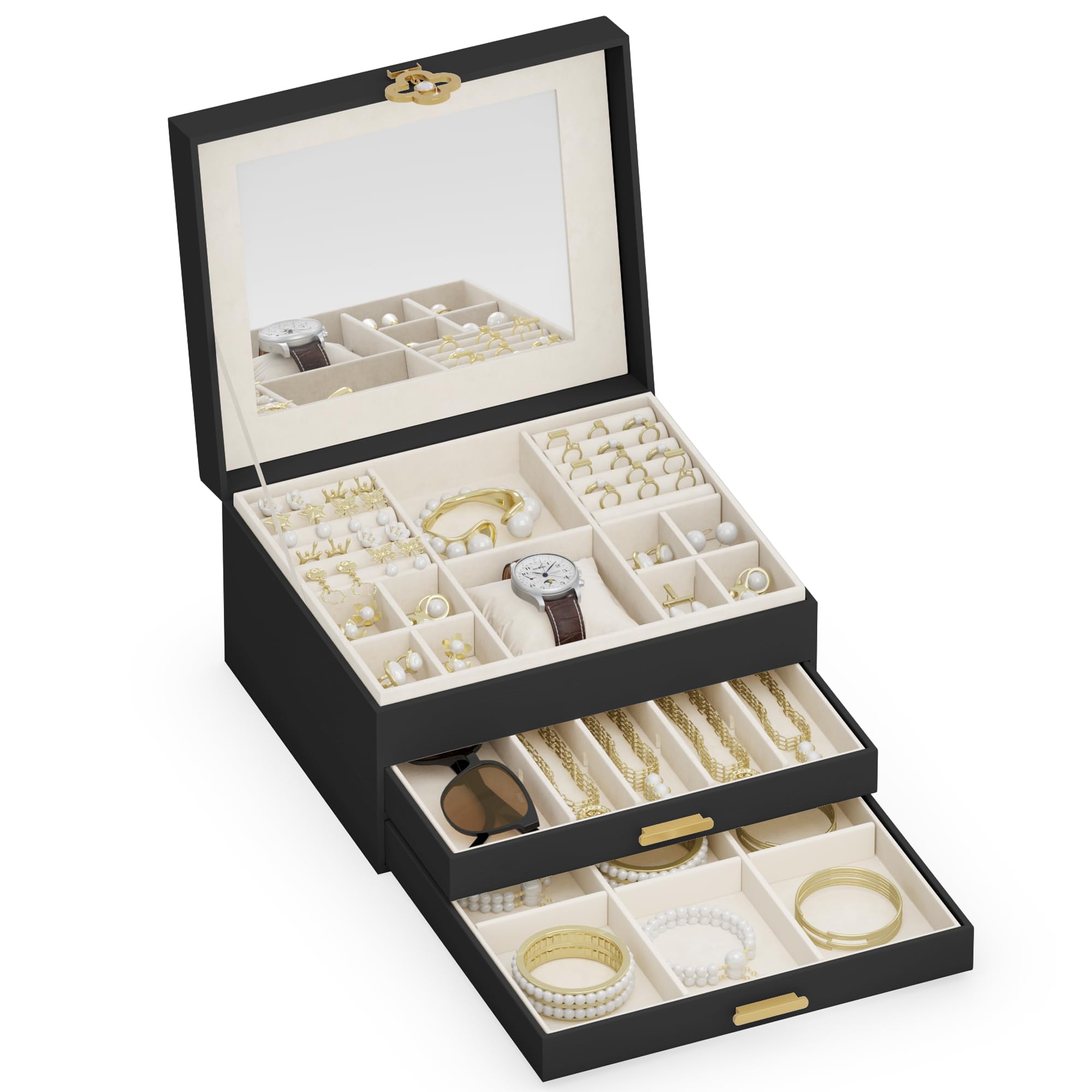 Boîte à bijoux ADEL DREAM à 6 niveaux avec grand miroir et tiroir extensible noir
