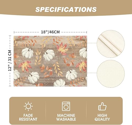 Miniatura 45 de Artoid Mode Juego de 6 manteles individuales de otoño con hojas de arce naranja y calabaza, 12 x 18 pulgadas, manteles individuales de temporada