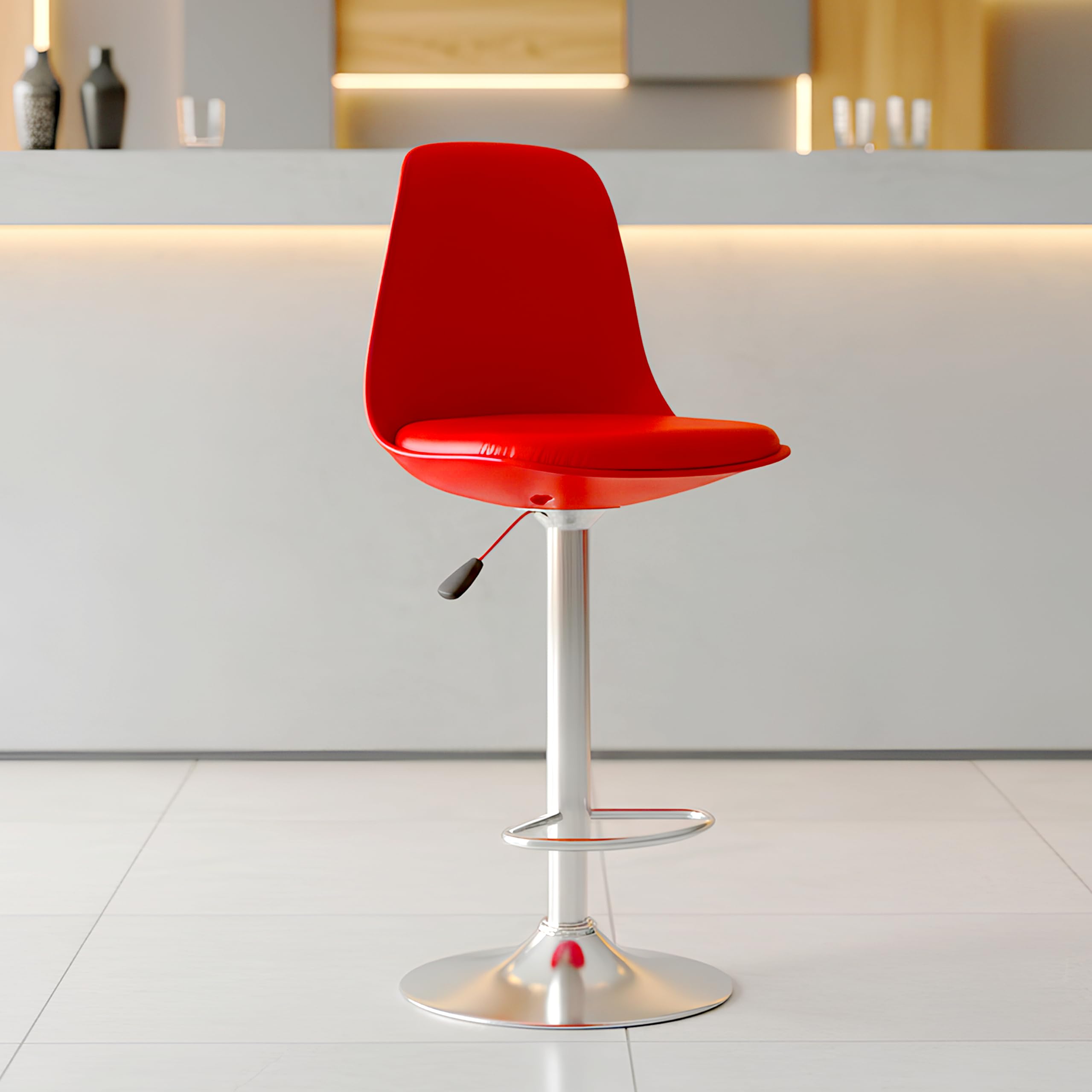 DIYA Seating Solutions Adjustable Bar Stool Chair for Kitchen Counter, Bar, Cafe & Home | 360° Swivel | Height Adjustable with Footrest & Chrome Base |Pack of 1| Red