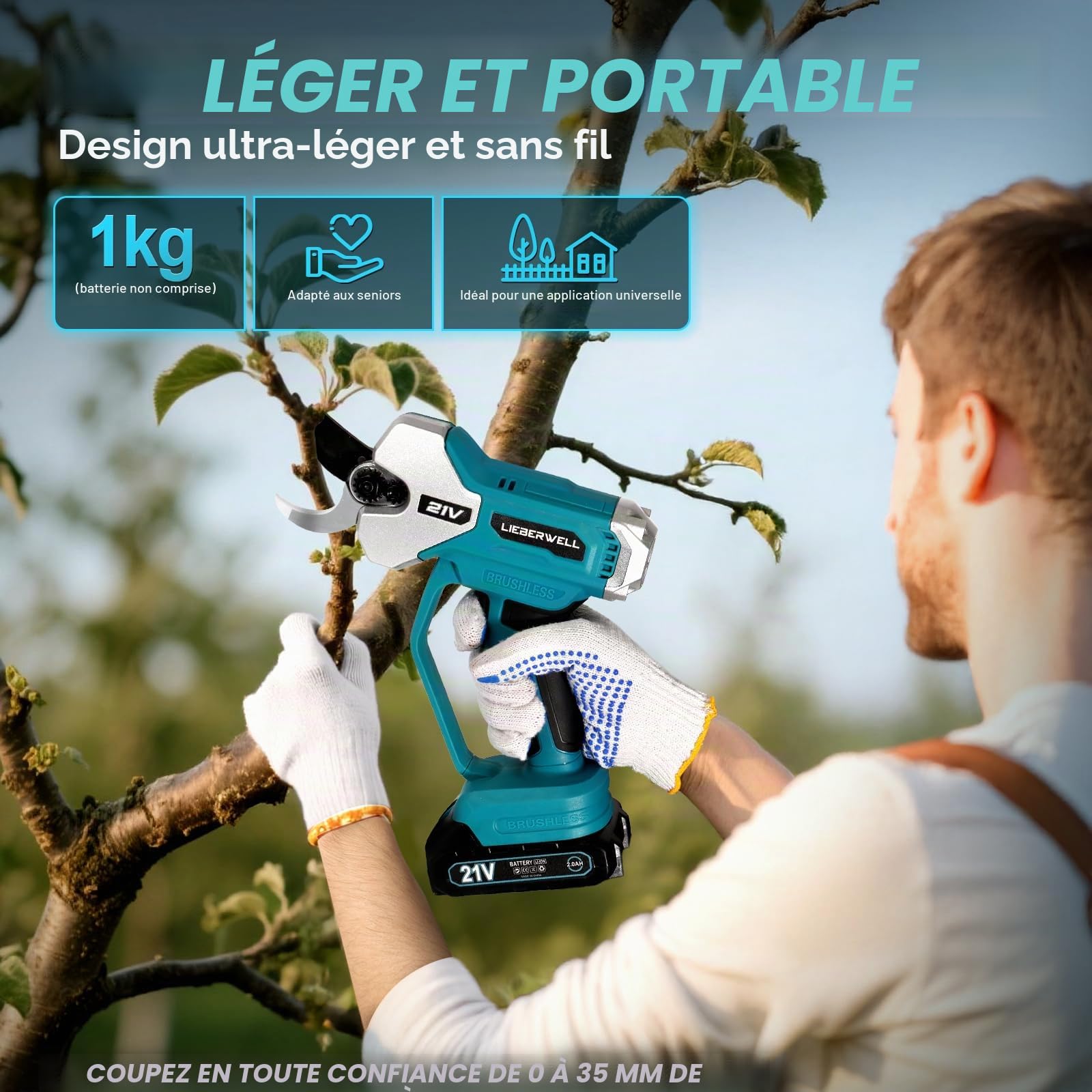 Sécateur électrique pour Makita 18 V Batterie, 600W Sécateur Professionnel Sans Fil avec 2 Batteries 2000 mAh, Moteur Sans Balais à Guidage Manuel avec Compteur de Coupes LCD, Diamètre de Coupe 35 mm