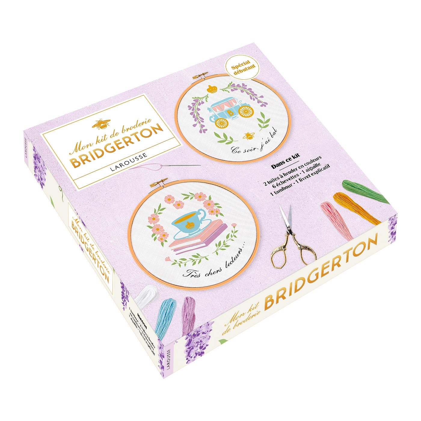 Bridgerton - Mon kit de broderie: Coffret avec 2 toiles à broder, 1 aiguille, 1 tambour en bois, 6 échevettes de fil