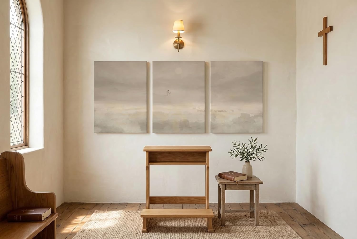 Framed 3 Pcs Large Christian Wall Art, Jesus and The Lost Lamb Canvas Print, Biblical Parable 'Leaving The 99' Decor, Minimalist Beige Religious Painting for Living Room, Bedroom, Church, 20''x28''