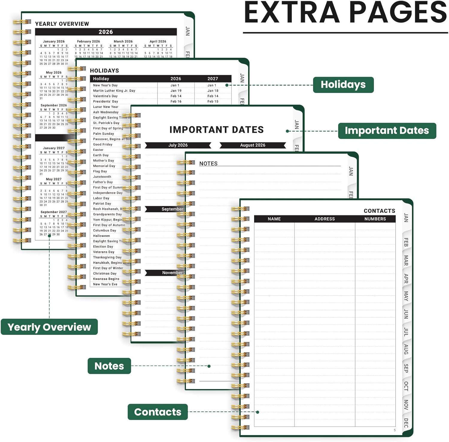 2026 Planner, Weekly and Monthly Calendar Planner, January 2026 - December 2026, Hardcover 2026 Calendar Book with Tabs For Women & Men, Inner Pocket, Spiral Bound, Perfect for Office Home School Supplies - A4 (8.5" x 11"), Dark Green - Image 5