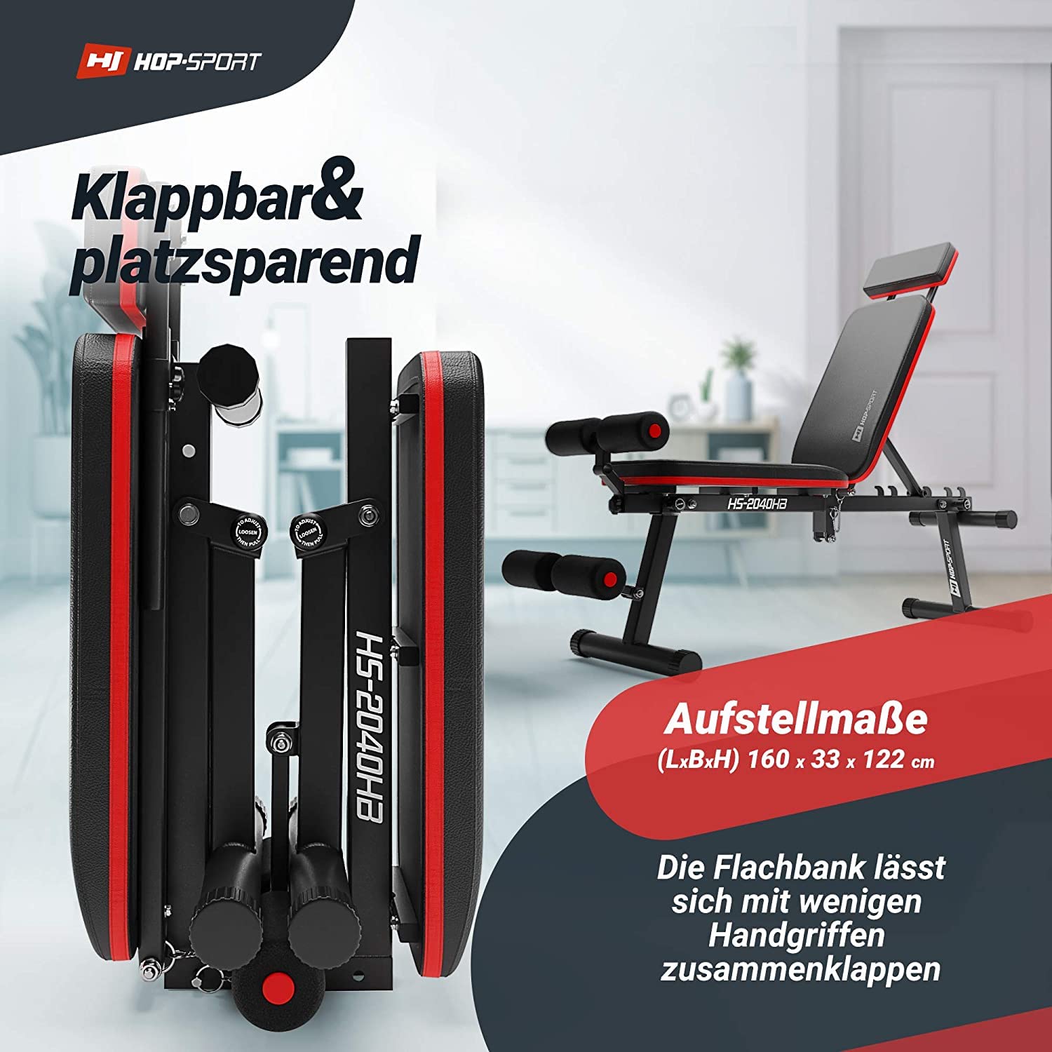 Hop-Sport ławka do podnoszenia ciężarów, składana, regulowana ławka treningowa z blokadą nóg, wielofunkcyjna ławka fitness do domu, do treningu mięśni brzucha, maks. obciążenie 150 kg