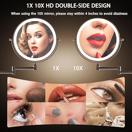 Miniatura 9 de Espejo de maquillaje con luces, espejo de maquillaje iluminado con aumento, recargable de 8 pulgadas, aumento 1X10X, espejo de doble cara, giratorio