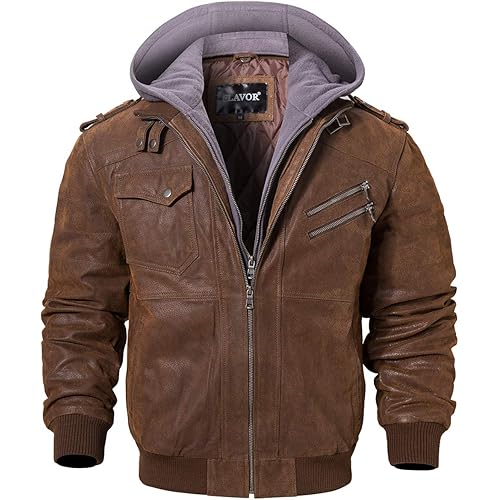 FLAVOR Men Brown Leather Motorcycle Jacket with Removable Hood