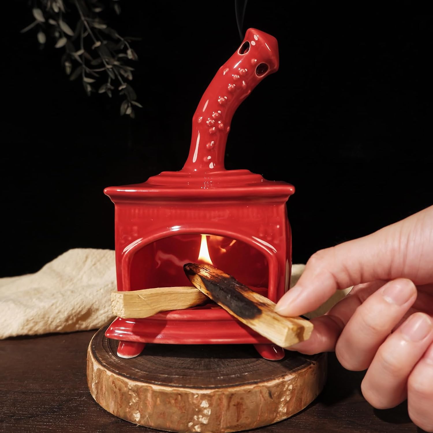 MOUGIGI Red Ceramic Palo Santo Holder - Modern Incense Burner for Yoga & Meditation - Ash Catcher for Wood Sticks & Sage - Versatile Smudge Bowl & Cone Burner - Perfect Unique Gift for Mindfulness