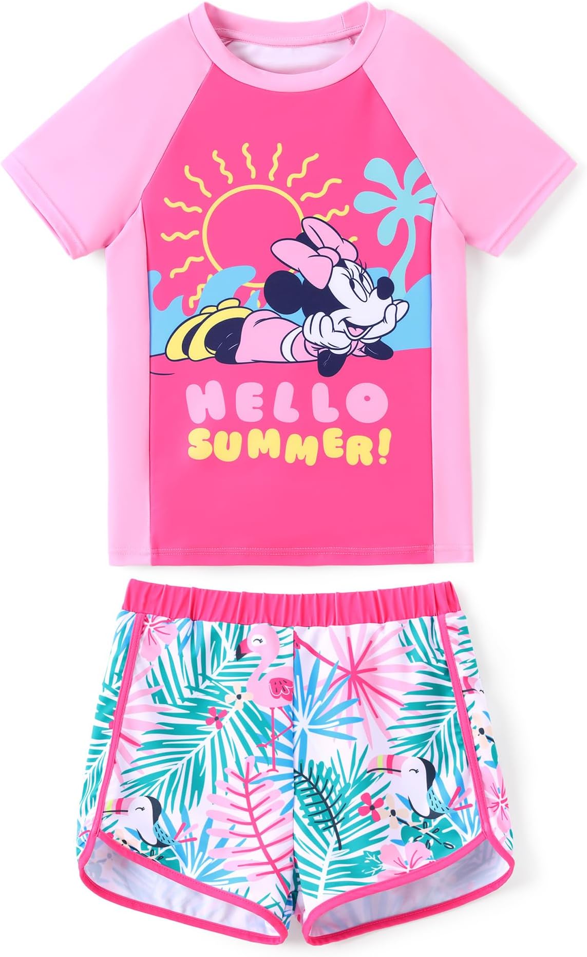 Disney Frozen Elsa Princess Girls Two Piece UPF 50+ Protection Quick-Dry Short Sleeve Swim Sets Rashguard Bathing Suit