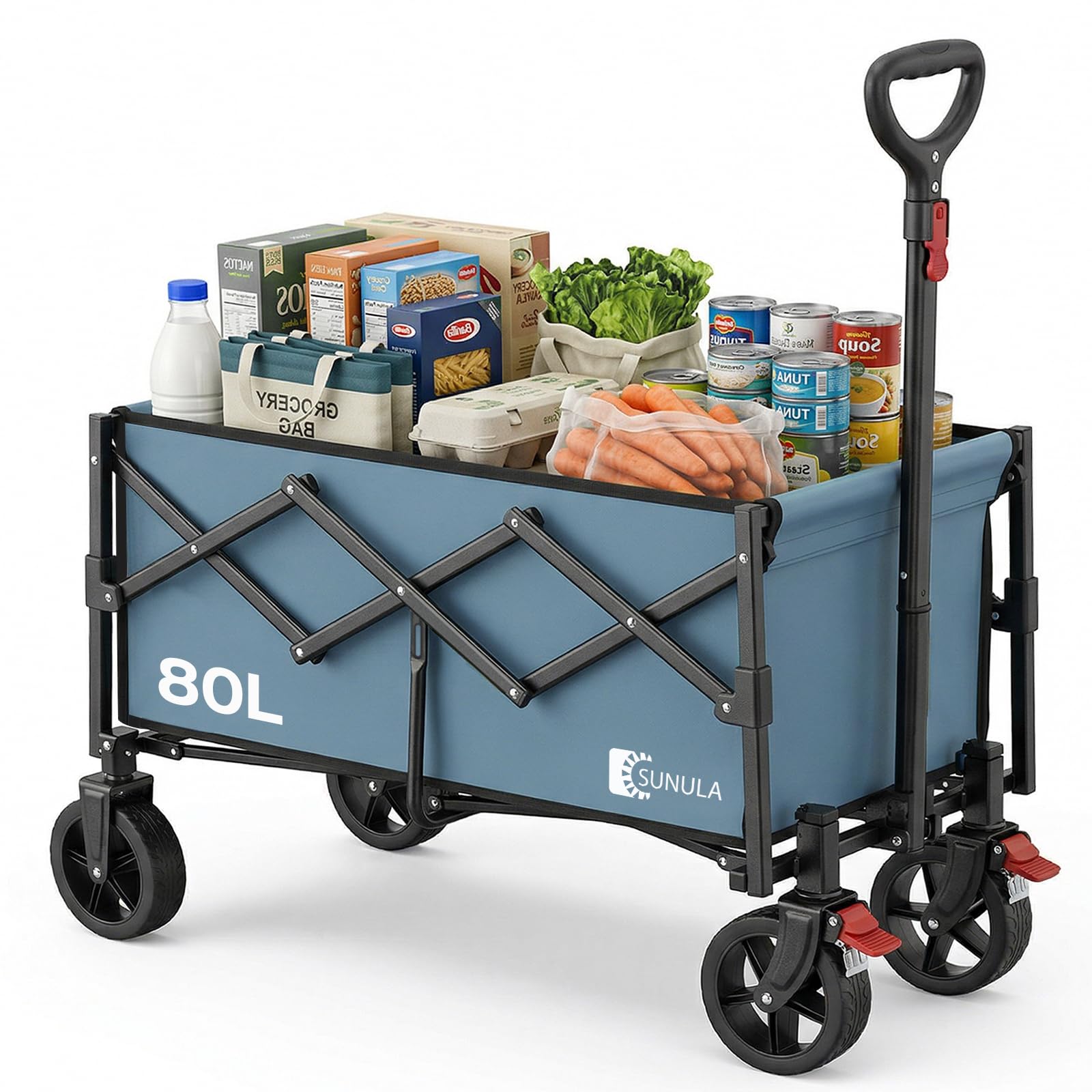 SUNULA Bollerwagen Faltbar Klein 80L 100KG, Faltbarer Handwagen, Klappbarer Faltbollerwagen mit Halbiertem Eigengewicht, Bollerwagen Geländegängig mit Bremsen, Blau