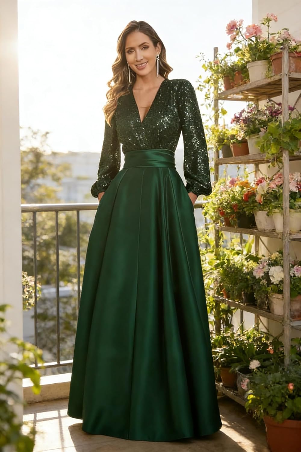 Long Sleeve Prom Dress with Pockets for Women Sequin Satin Mother of Bride Dresses V Neck Formal Evening Gown - Image 3