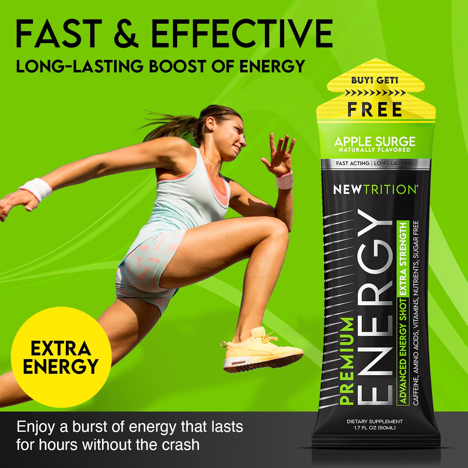NewTrition® Extra Strength Energy Shots, 1.7 fl oz - 250mg Caffeine with Vitamin B & Amino Acids, Sugar-Free, Zero Calorie Vitamin Energy Drink for Focus & Endurance (Pack of 24, Apple Surge) - Image 4