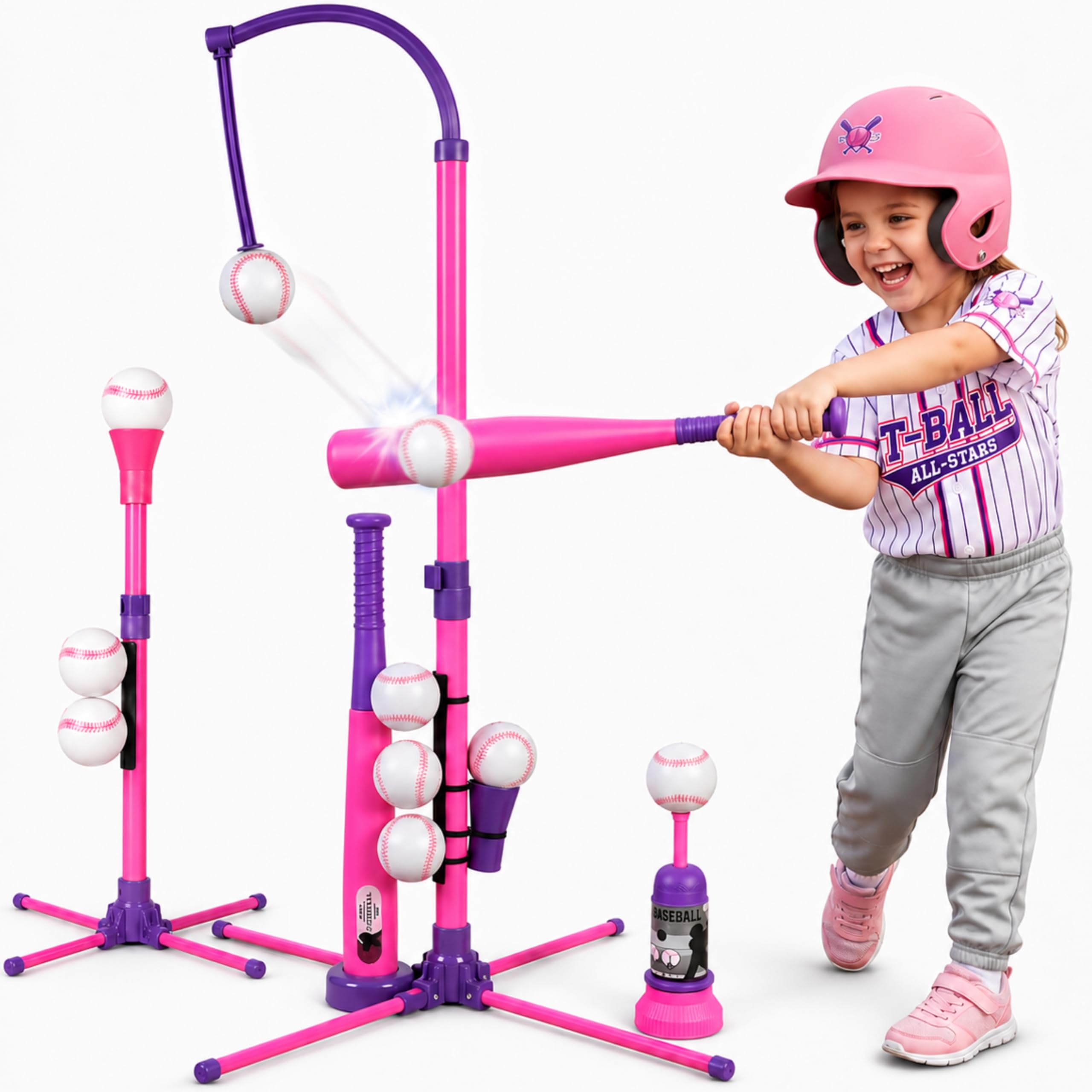 3-in-1 Baseball Set for Kids and Toddlers Ages 3-5 – Includes Tee Ball Stand, Hanging Tee, Automatic Ball Launcher, and 6 Softballs – Adjustable Height for Indoor/Outdoor Play – Sports Gift for Girls