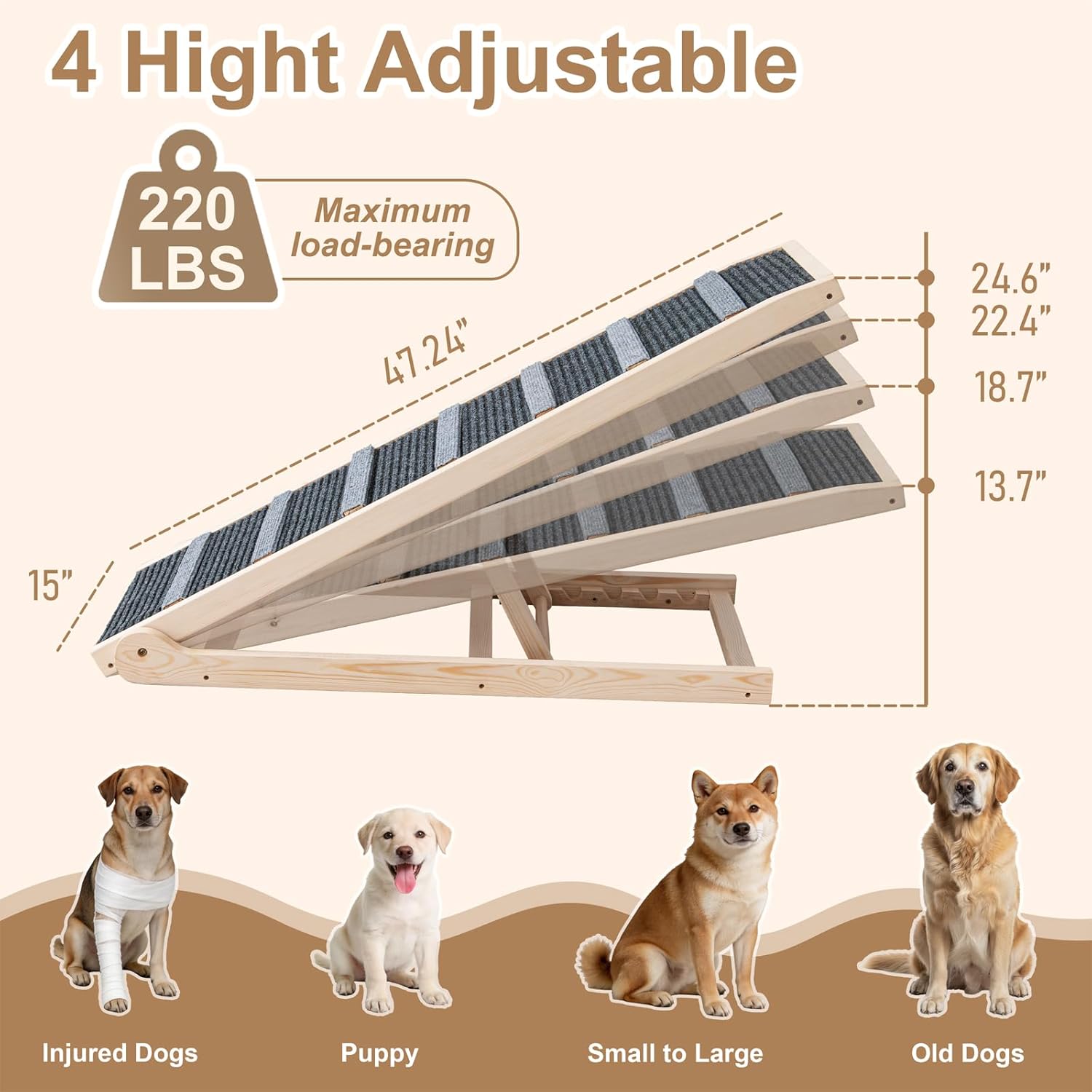 Dog Ramp for Bed, for Couch, 47.24" Long Wooden Pet Ramp for Small & Large Dogs to Get on Bed Couch Car Up to 200LBS, 4 Adjustable Heights (13.7"-24.6"), Foldable Dog Bed Ramp with Anti-Slip Surface
