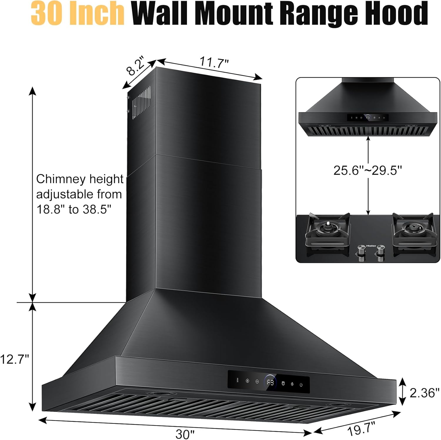 30 inch Range Hood Wall Mount, 1200 CFM with 4-Speed Gesture Sensing & Touch Control, Stainless Steel Ducted Kitchen Stove Vent Hoods with 2 LED Lights, Time Setting, Dishwasher-Safe Baffle Filters