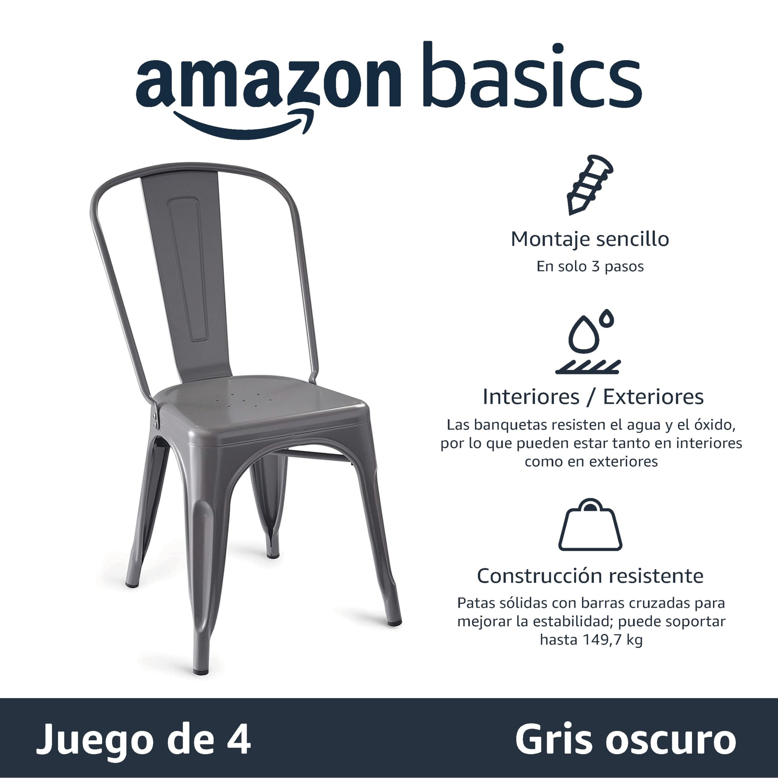 Amazon Basics Paquete de 4 sillas de comedor de metal apilables con respaldo para bistró, cocina, interior y exterior, Gris Oscuro, 51 x 43 x 85 cm — view 4