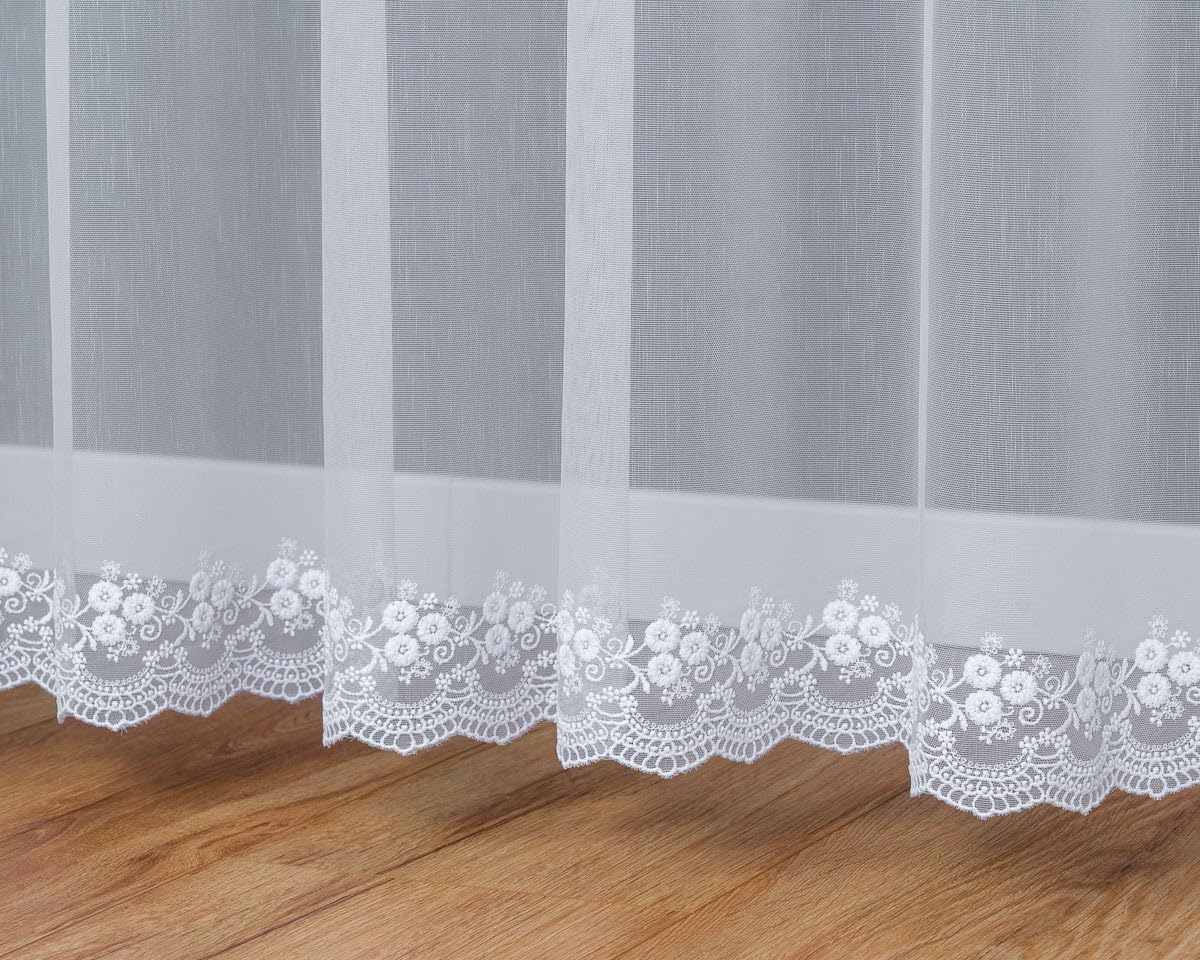 Weiß 700x180 cm (BxH) Klara Bestickte Fertiggardine Aus Marquisette Gardine Mit Kräuselband, Elegante Stickerei Wohnzimmer Schlafzimmer