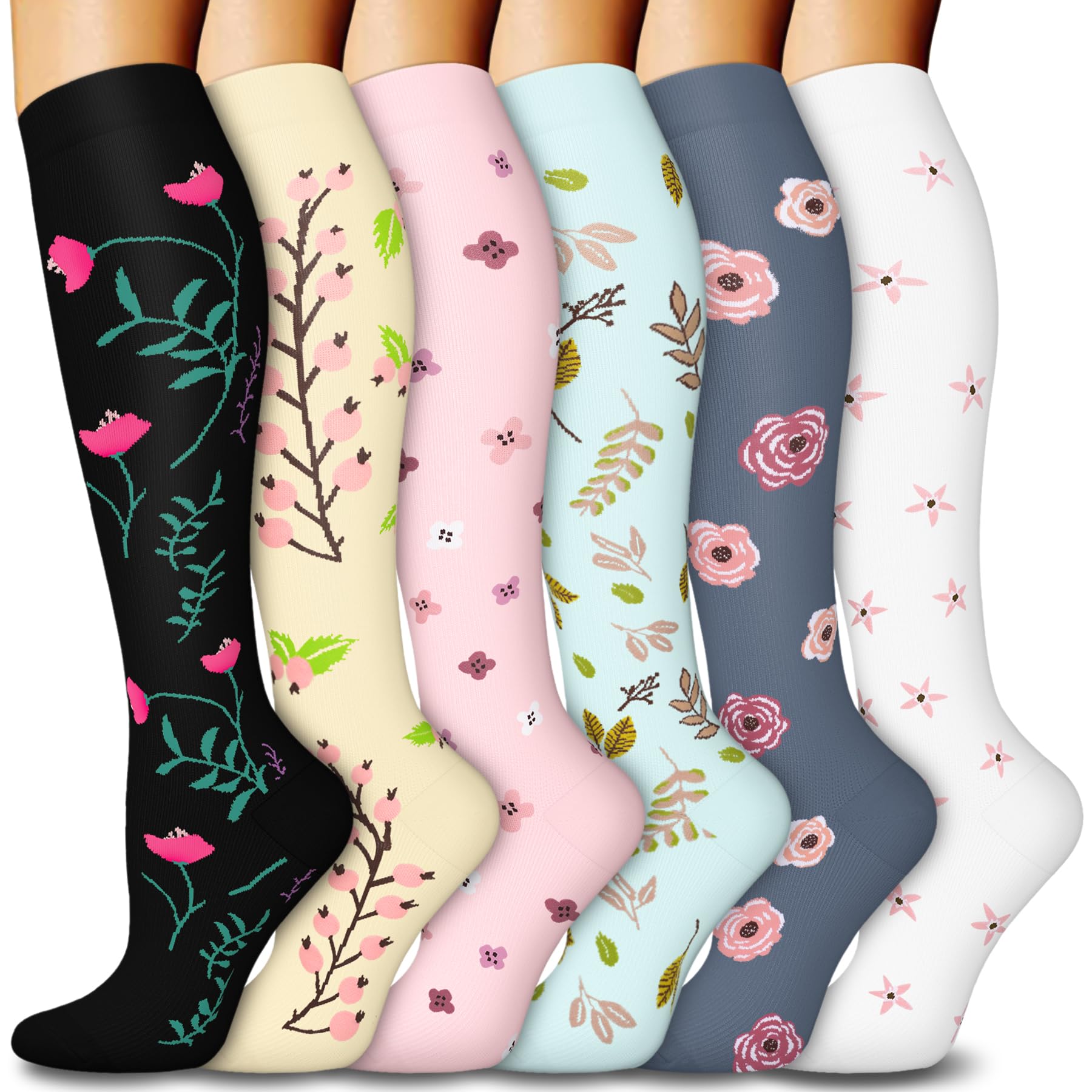 6 Pairs Compression Socks for Women Men 15-20mmHg Graduated Support Knee High Socks for Nurses Travel Athletic