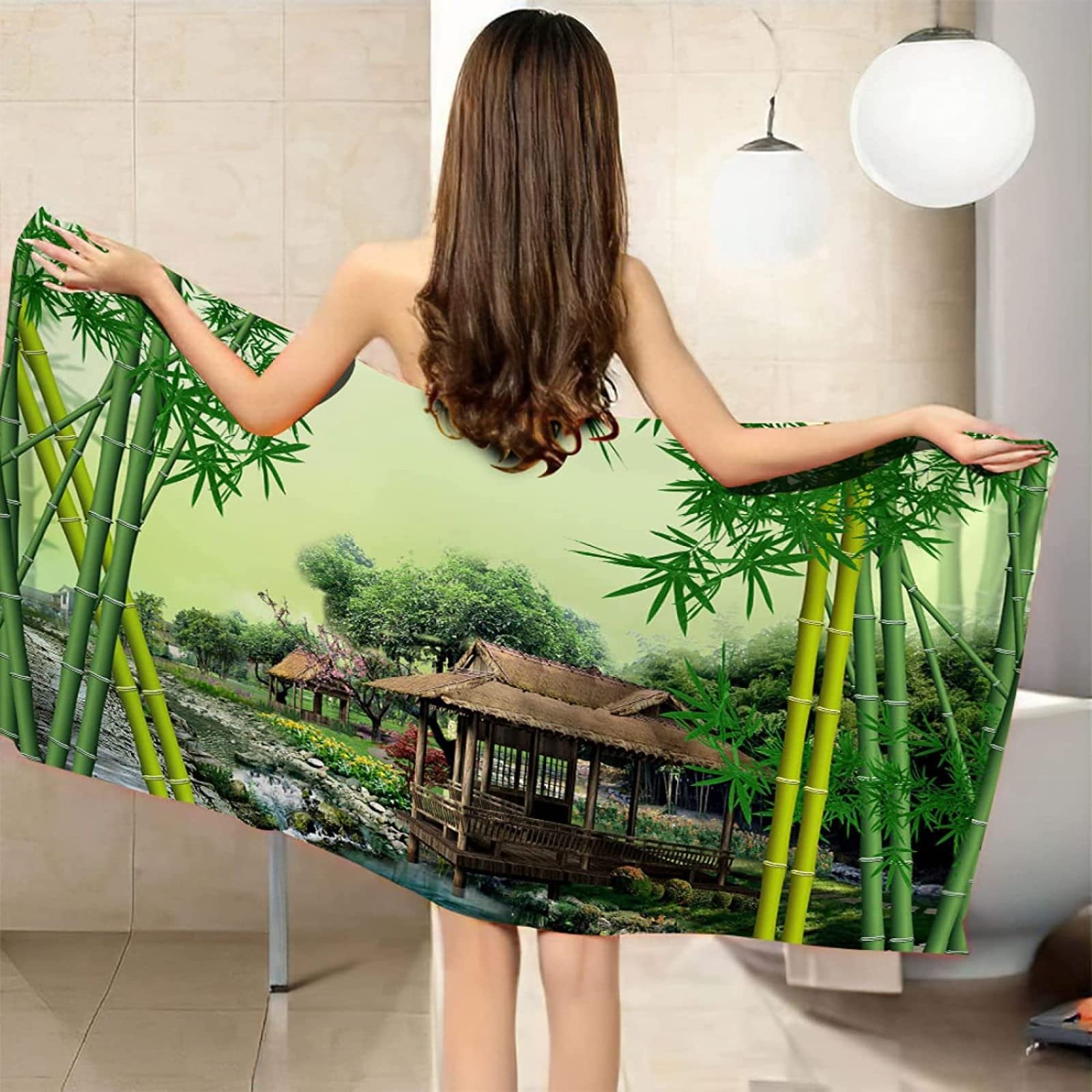 Strandtuch Bambus, Mikrofaser Strandtuch Landschaft Grün Handtuch Extra Groß 200x200 cm Badetuch Strandhandtuch Schnell Trocknendes Sandfreies Weiches Saunatuch, reisehandtuch, Badehandtuch