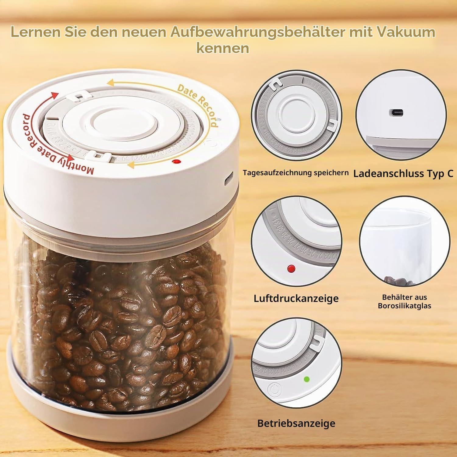 Minidiva Smart Vacuum Container, automatische elektrische luftdichte Glasbehälter für Lebensmittel Kaffee Lagerung Mahlzeit Vorbereitung (1350ml) Weiß