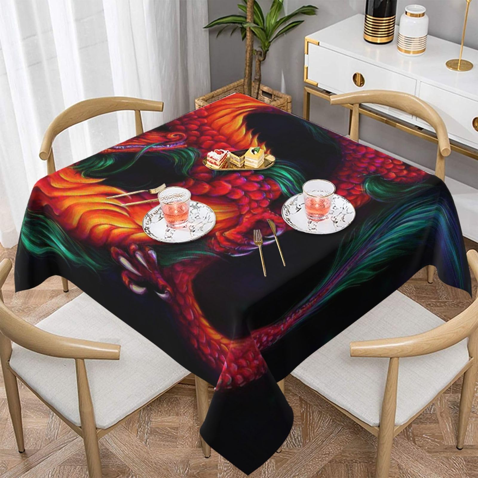 DCEHGEW Chinese Dragon Prints Square Tablecloth 137x137 CM, Waterproof Fabric Table Cloth for Dining Table, Farmhouse Table Cover for Kitchen Dining Tabletop Decoration