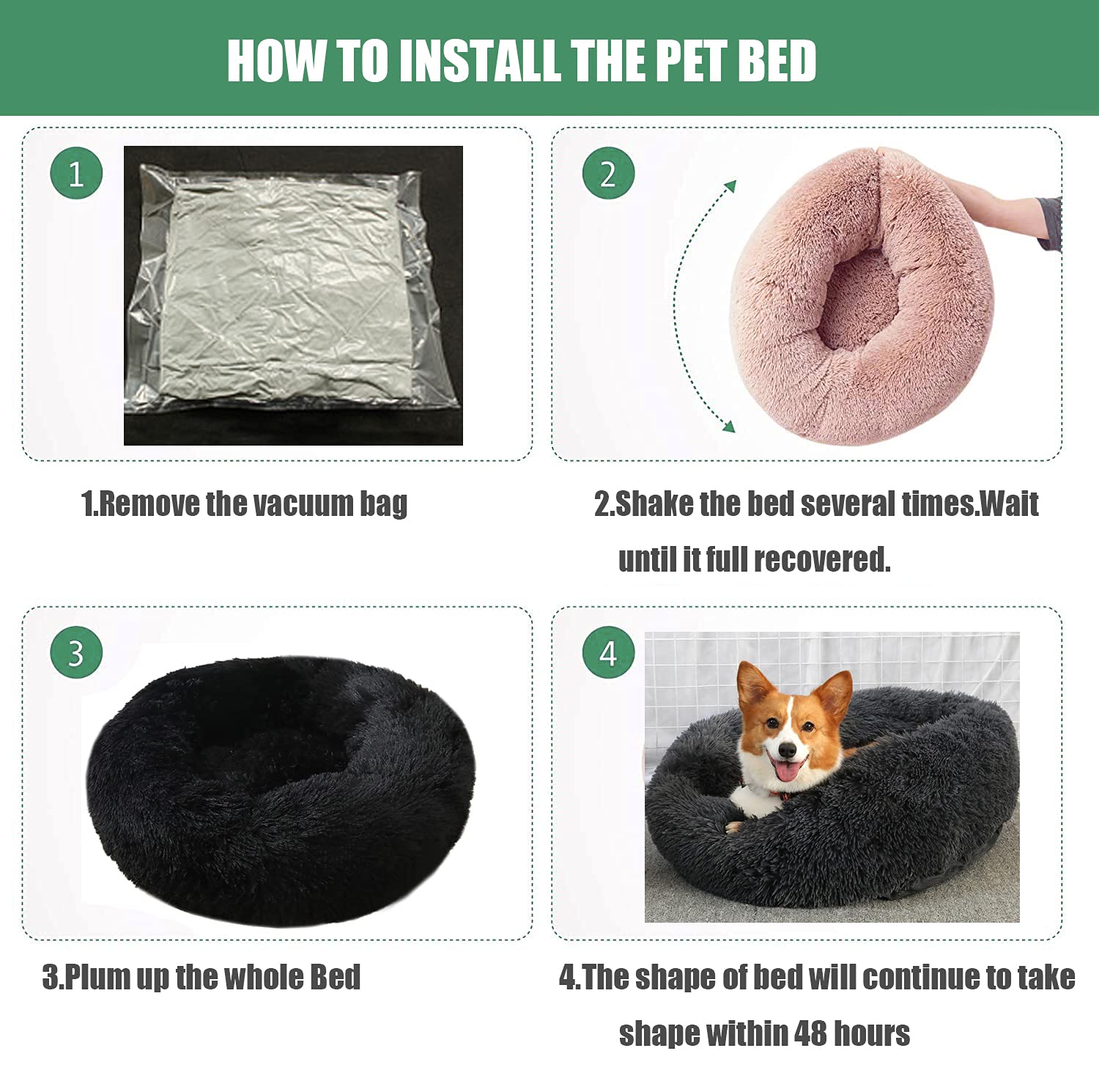 Camas calmantes de pelo sintético para perros, cama calmante para perros y gatos, lavable, redonda, almohada mullida para interiores con parte inferior antideslizante, color degradado, caqui,