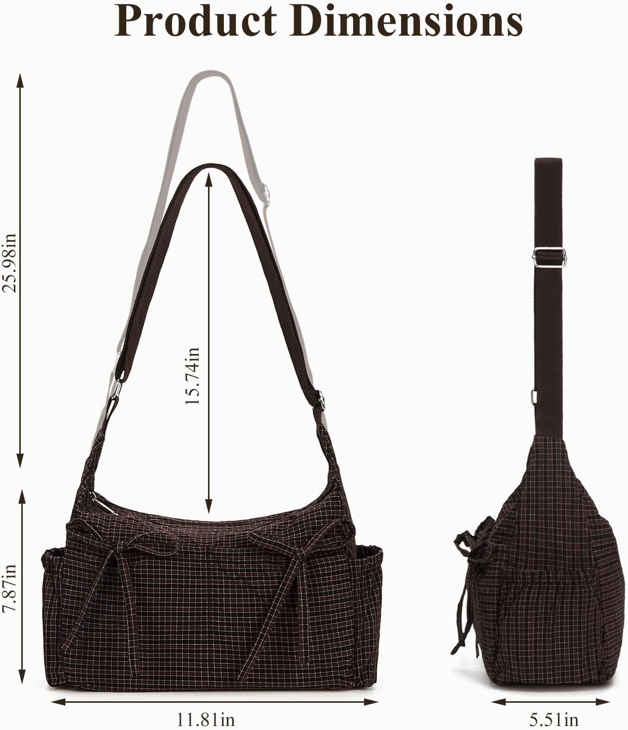 Plaid Shoulder Bags For Women Bow Crossbody Bag Soft Messenger Purse Zipper Handbag Adjustable Shoulder Straps