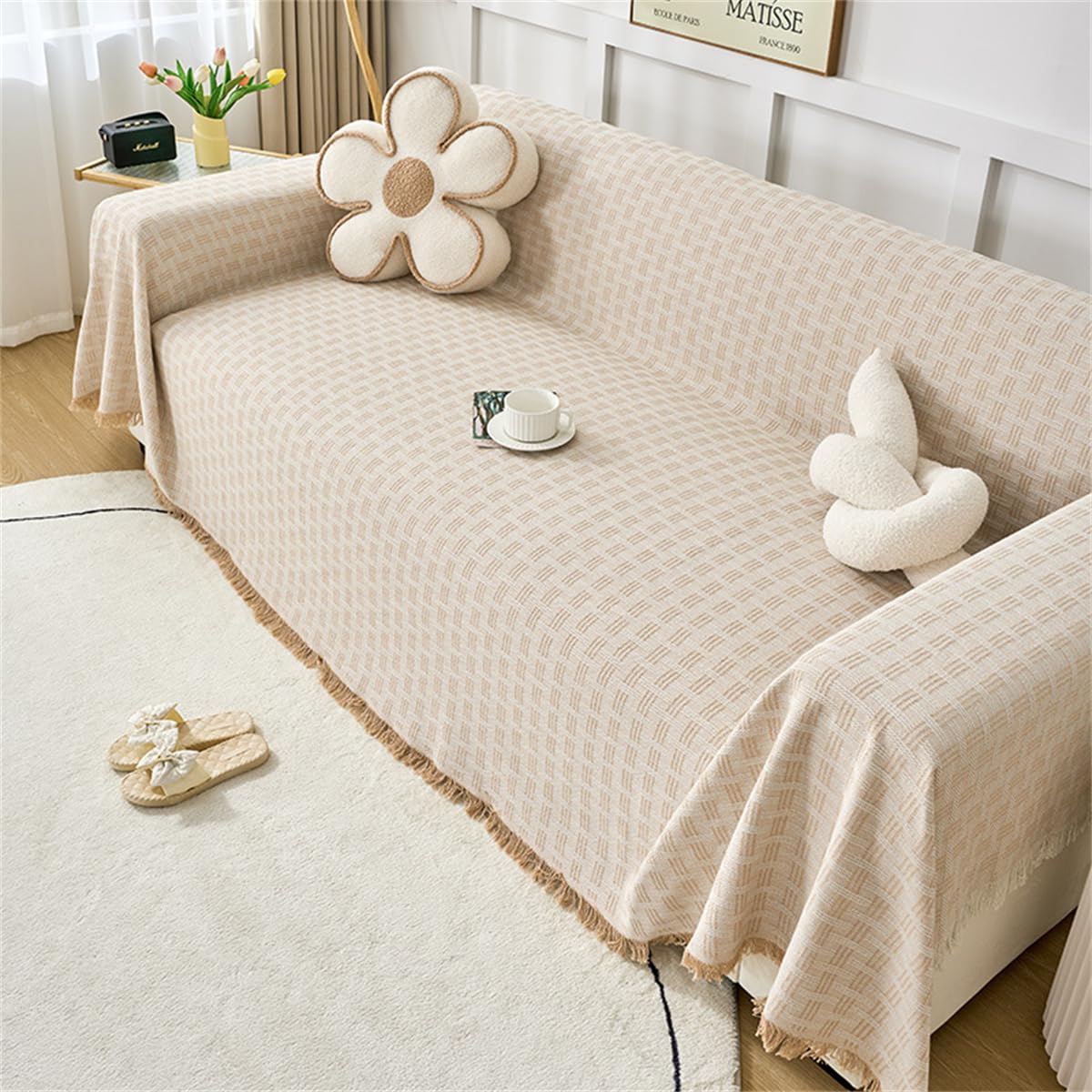 Coperta per divano con frange grandi, per divani da 1-4 posti, moderna, in tinta unita, per soggiorno e camera da letto, antiscivolo, extra large (beige, 180 x 180 cm)
