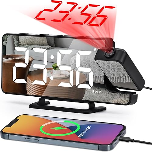 U-pick Reloj despertador digital de proyección para dormitorios, reloj despertador LED de espejo grande de 7.3 pulgadas con cargador USB para