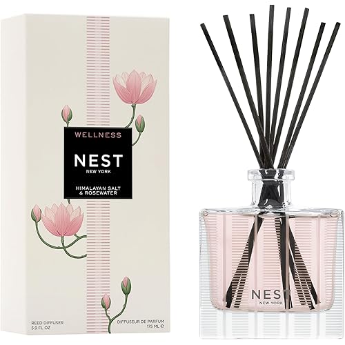 NEST New York Reed Diffuser, Himalayan Salt & Rosewater - The Wellness Collection - 5.9 fl oz - Fragrance for Up to 90 Days - Reusable, Refillable Glass Holder - Includes 8 All-Natural Reed Sticks