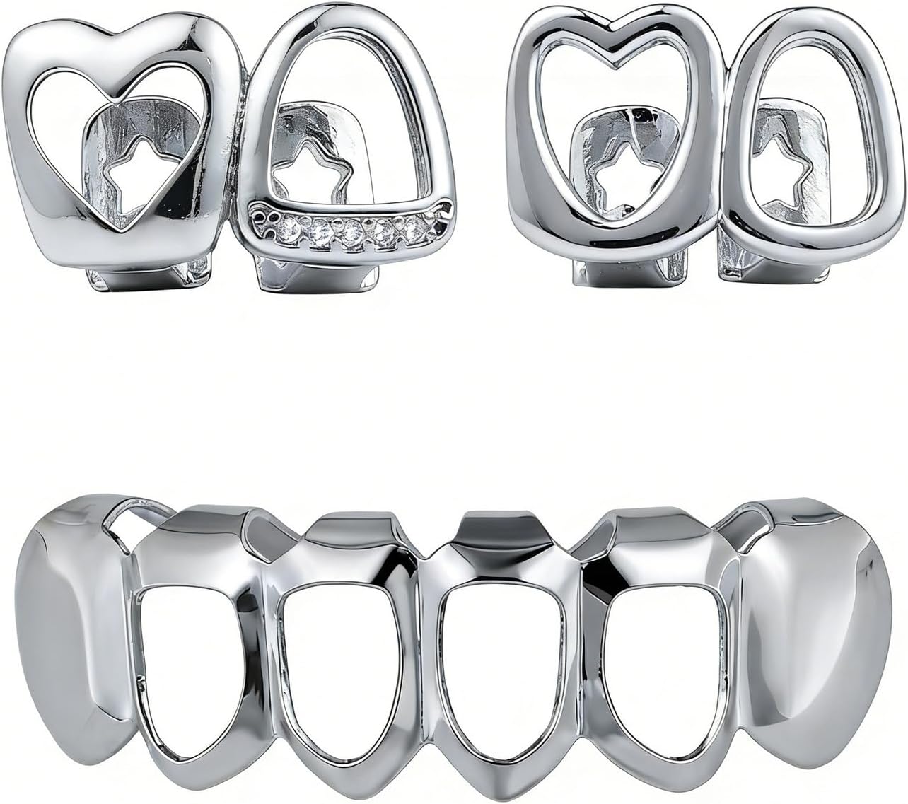 3Pcs 14K Gold Plated Hip Hop Grillz Set Top & Bottom Tooth Cap Hollow Heart Teeth Grills for Your Teeth Grillz for Men Women Rapper Halloween Costume
