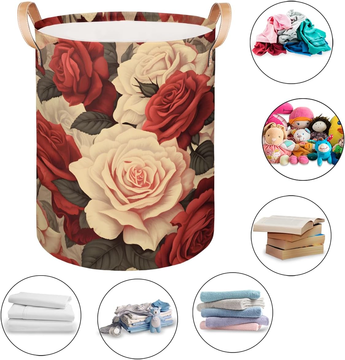 Red Pink Rose Laundry Basket Foldable Laundry Baskets With Leather Handles for Bedroom Bathroom Toys Decorative Basket
