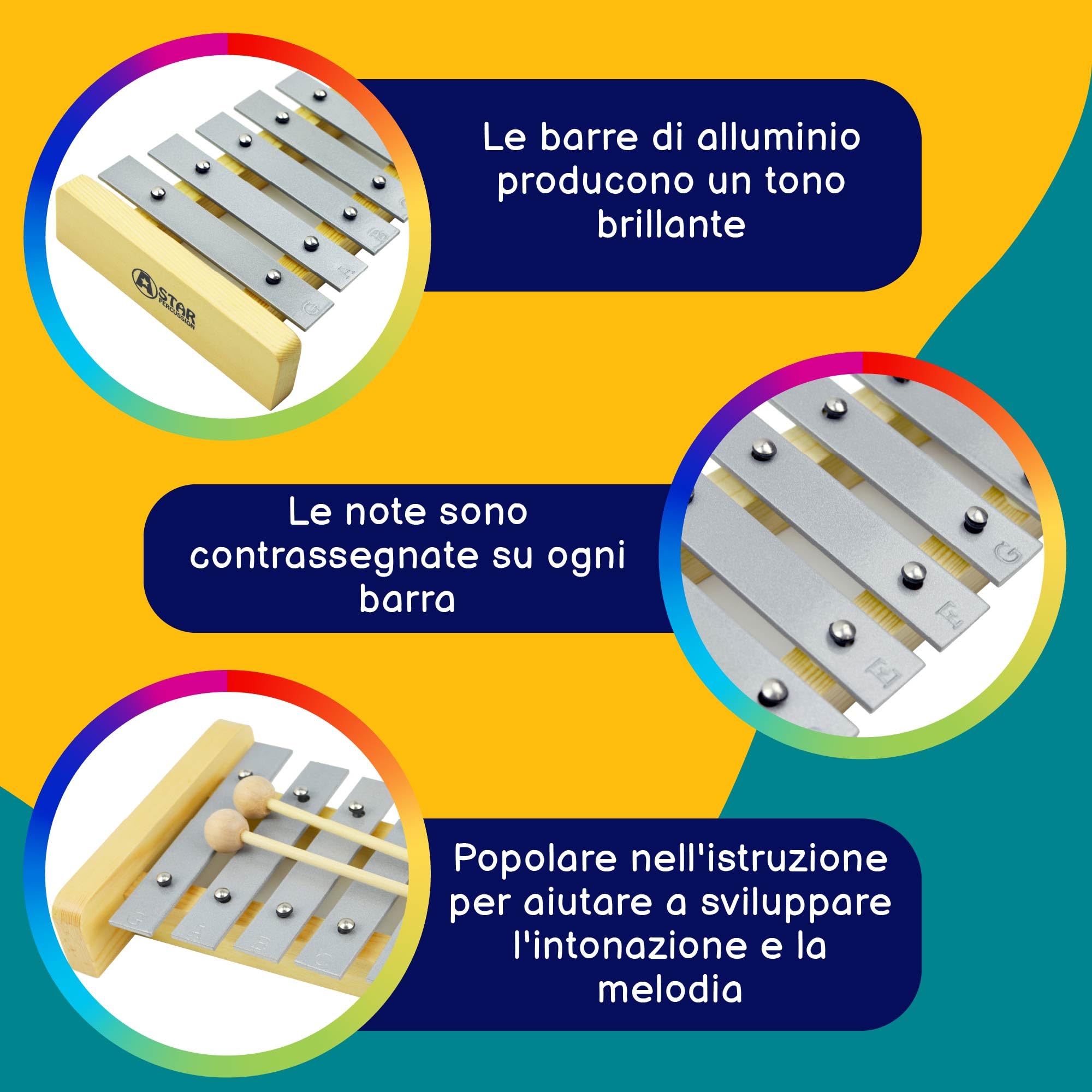 A-Star Xilofono Glockenspiel soprano a 13 note con tasti argentati e due fruste in legno - Diatonico 2 ottave da G5 a E6