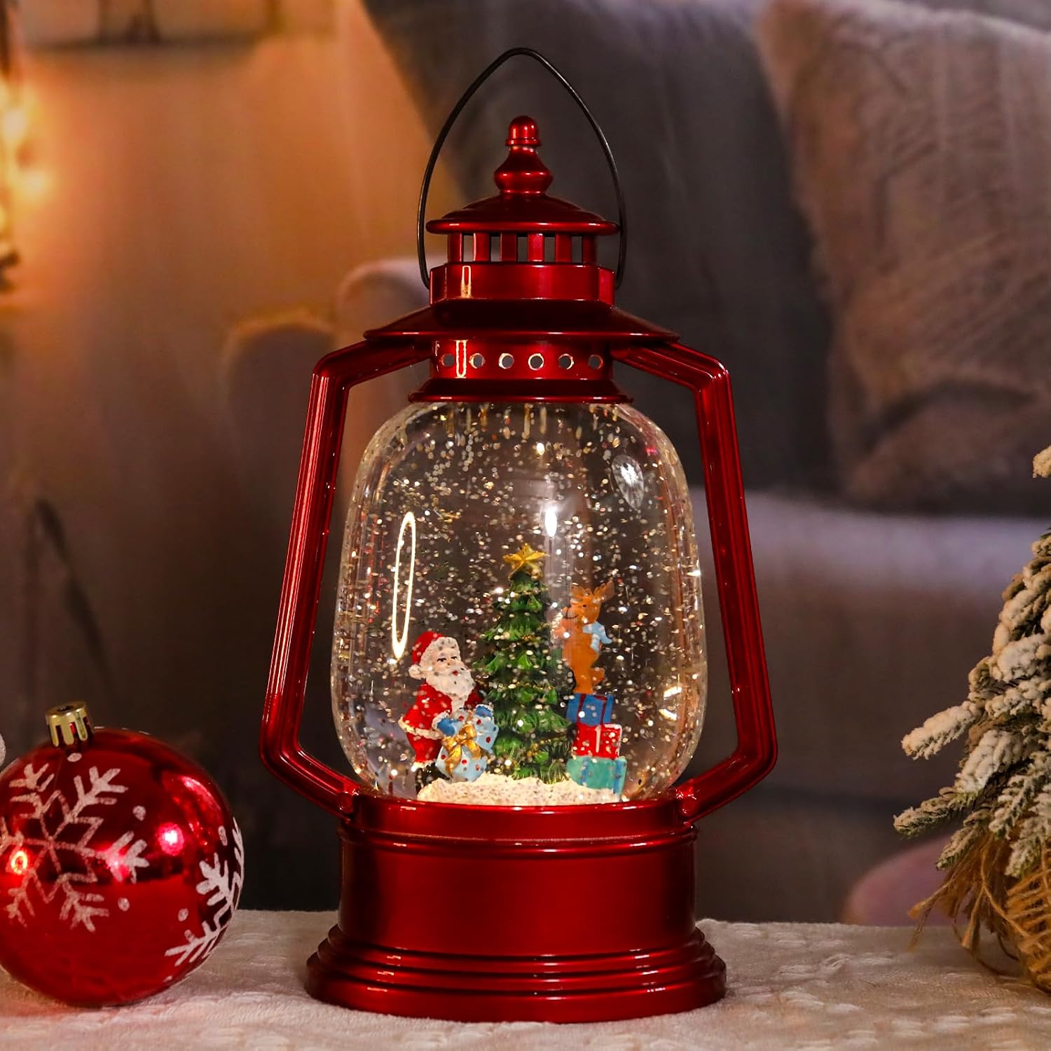 VCUTEKA Christmas Snow Globe Lantern, Santa Claus with Gift in Musical Lantern Christmas Snow Globe with USB or Battery Operated Lighted LED Water Glittering Music Playing for Christmas Home Decor
