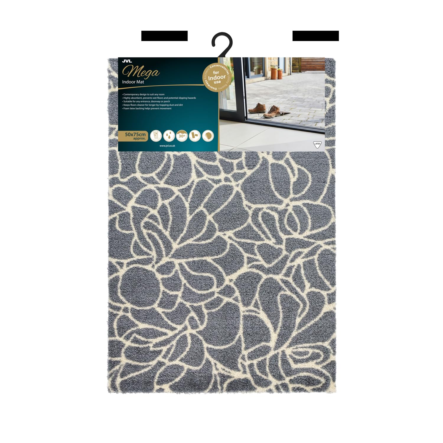 Jvl Grey Mega Mat Machine Washable Entrance Doormat, 50X75cm, Floral