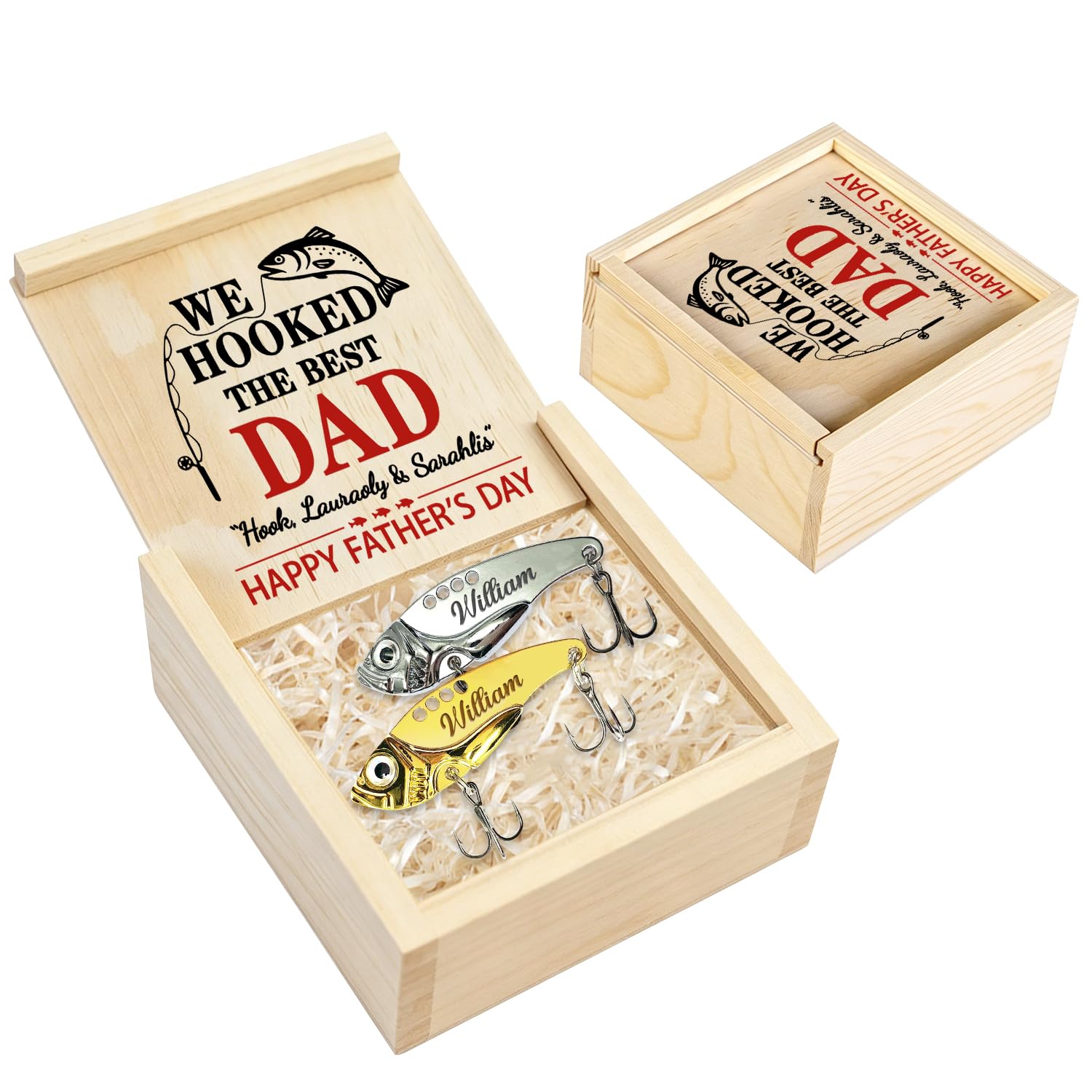 We Hooked The Best Dad Personalized Engraved 2 Pcs Dad Fish Shape Fishing Lures with Wooden Box Set, Custom Name Father's Day Metal Fishing Lure Hook for Men Husband, Fathers Day Fisherman Gift