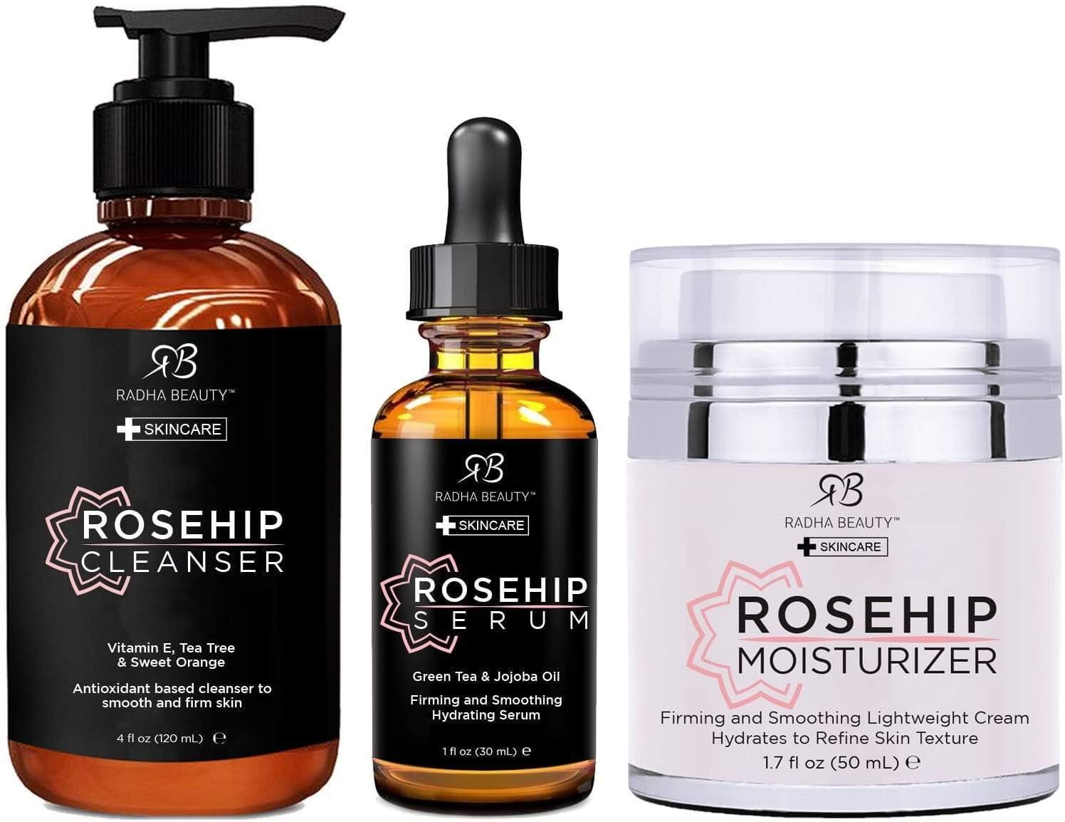 Radha Beauty Rosehip Complete Facial Care Kit - 3-in-1 Anti-Aging Set with Cleanser, Serum, and Moisturizer for Wrinkles, Dark Spots, and Acne Day & Night Brightening Skincare Gift Set