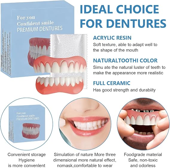 False Teeth Set Full Dentures,Soft Silicone Dentures to Fit Over Existing Teeth,Natural-Looking Comfortable Fit for Men and Women