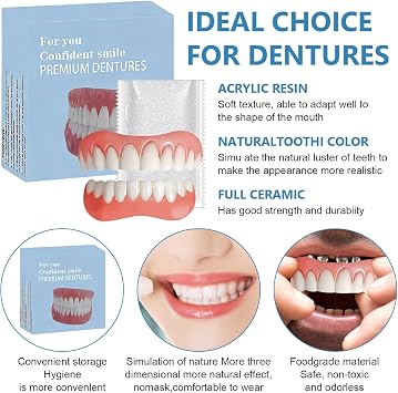 False Teeth Set Full Dentures,Soft Silicone Dentures to Fit Over Existing Teeth,Natural-Looking Comfortable Fit for Men and Women