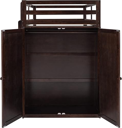 Miniatura 54 de Cama alta funcional tamaño individual con 2 cajones y 2 armarios, base de cama de madera maciza con barandilla de seguridad y escalera de