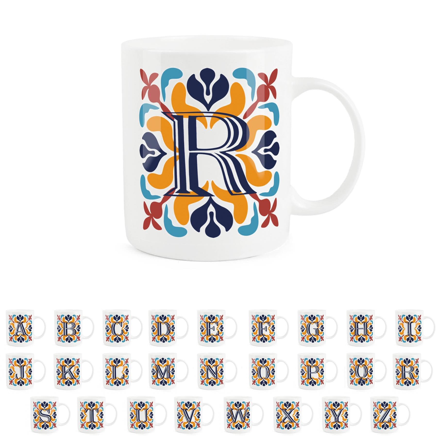 Purely Home Moroccan Tile Red & Navy Blue Letter R Mug - White Initial Personalised Alphabet Tea Coffee Bone China Mug