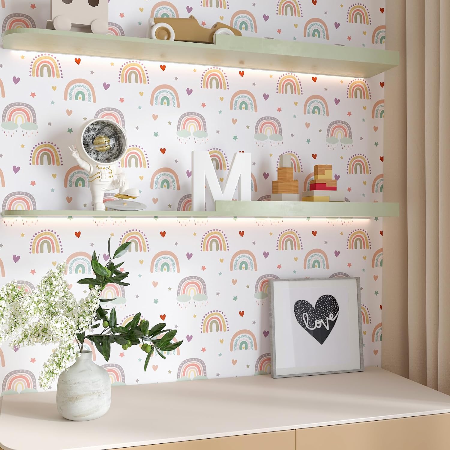 CHIHUT Boho Rainbow Peel and Stick Wallpaper for Kids Bedroom 17.7”x236” Cute Fun Kids Contact Paper for Cabinets Drawers Self Adhesive Removable Nursery Wall Paper Rainbow Wall Decor for Classroom